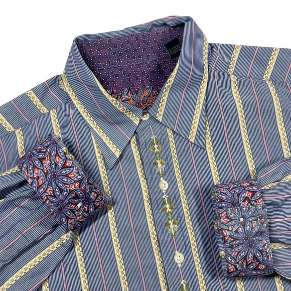 Robert Graham Other - Robert Graham Button Front Shirt Mens Large Blue Striped Floral Embroidered L